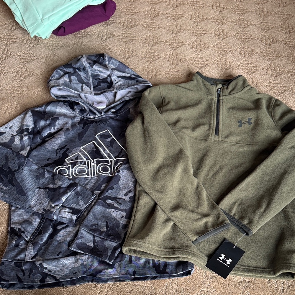 NEW Under Armour Kids Olive Green Fleece 1/4 zip M & like new adidas Med hoodie